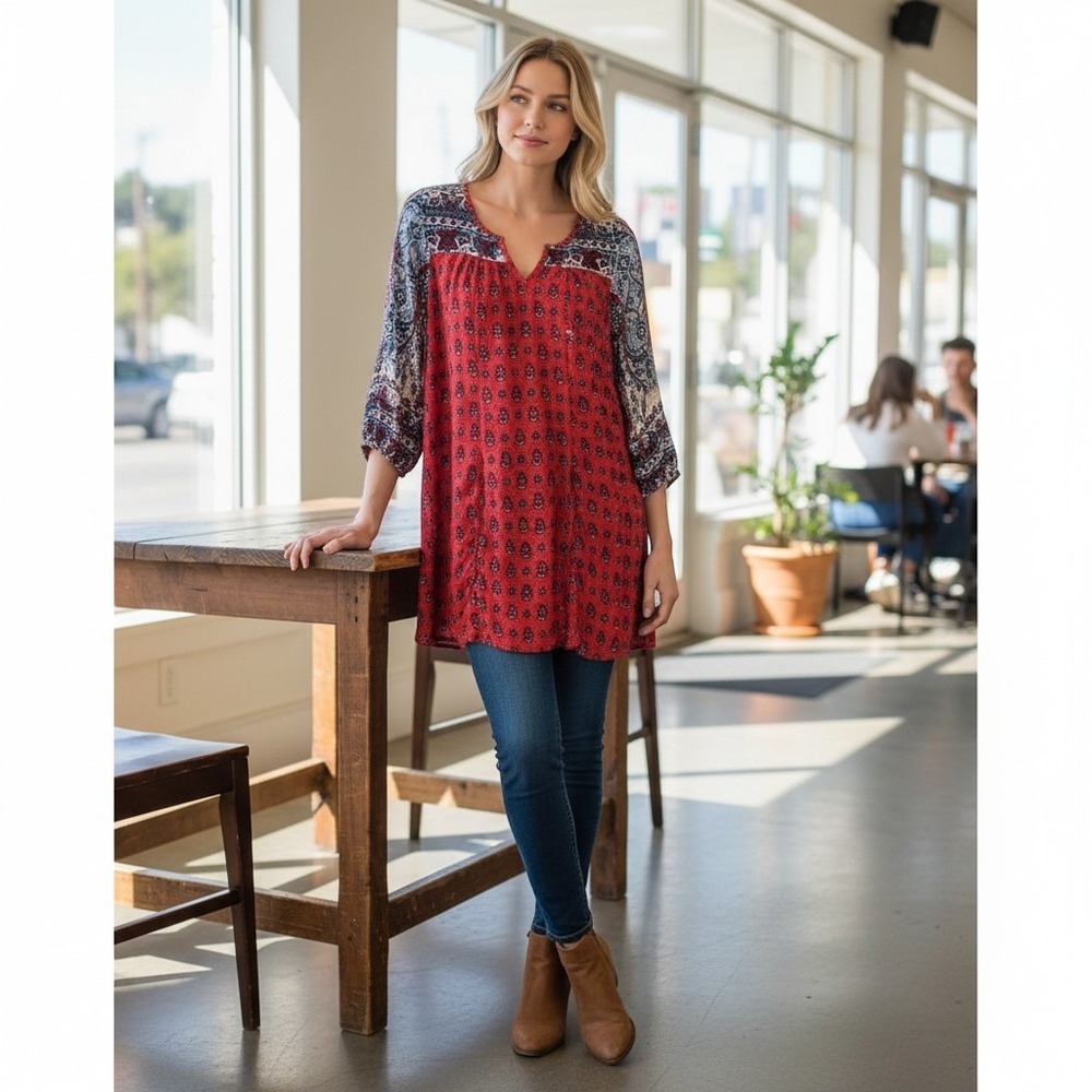 Altar'd State Red Paisley Boho Tunic Dress Long Bell Sleeve Small Boho Pesant
